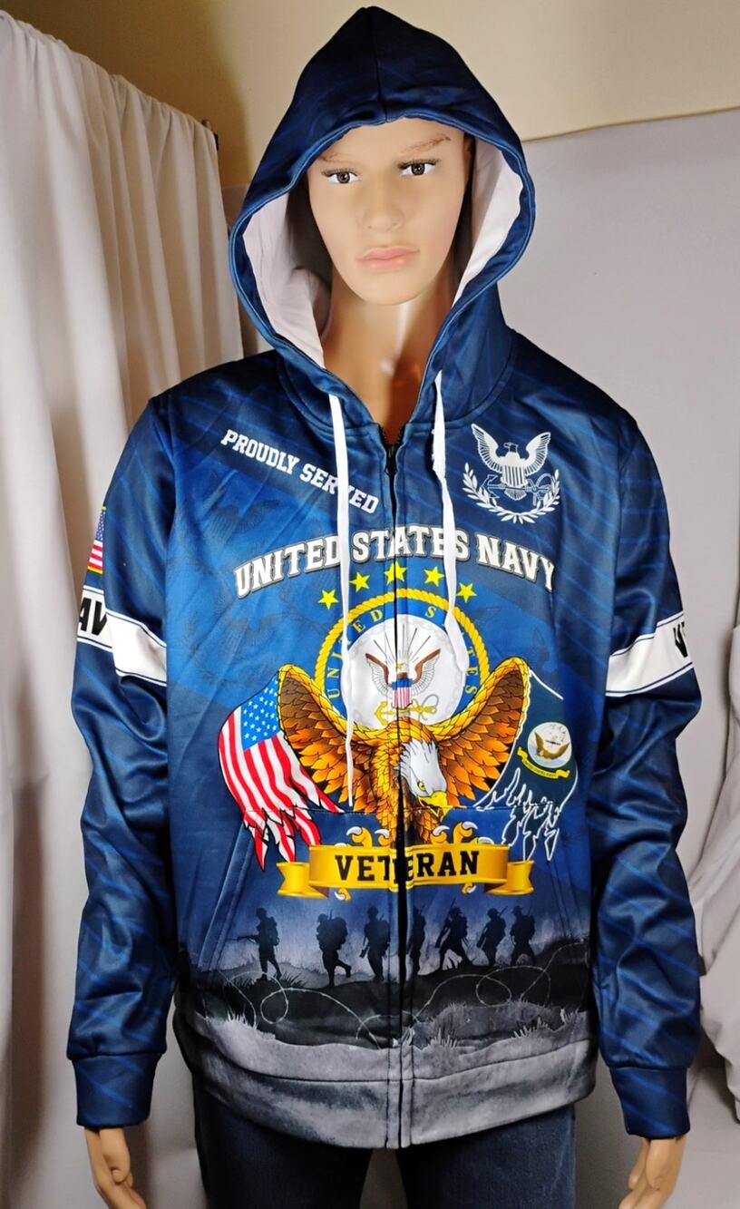 Mens US Navy Veteran Eagle Graphic Full Zip Hoodie Patriotic Americana